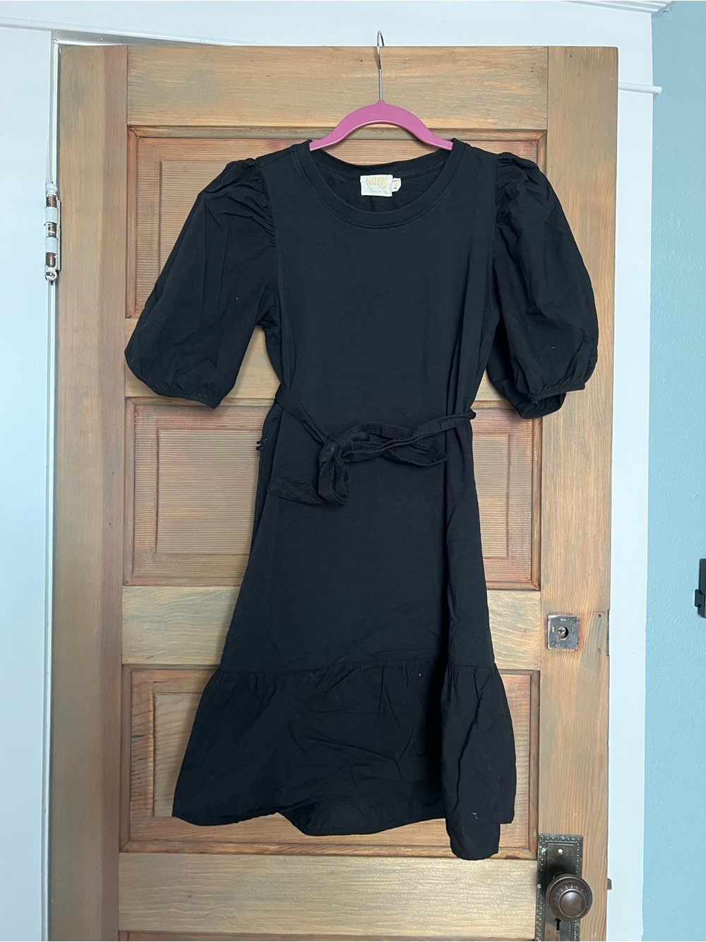 Nation LTD Black Puff-Sleeve Tie-Waist Mini Dress